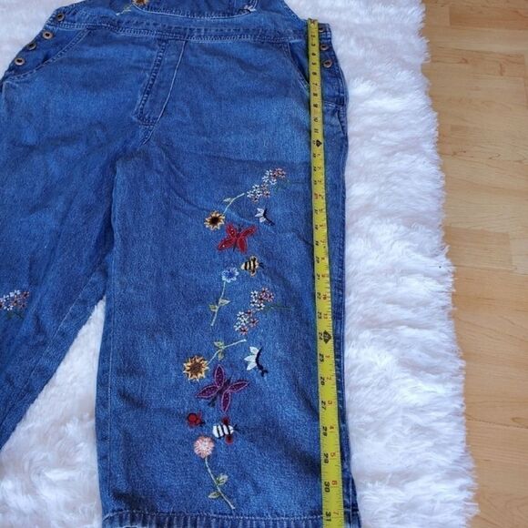 AGAPO Floral Embroidered 90s Cropped Vintage Denim Overalls Sz L Garden Blue - Picture 6 of 9